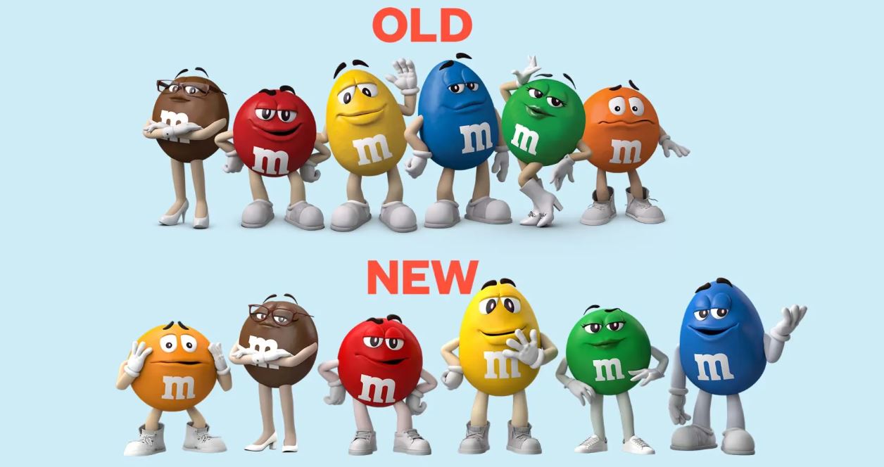  초콜릿 엠엔엠즈 ‘사탕 대변인’ 캐릭터. 2022년 바뀌기 전(위)과 바뀐 뒤(아래) 