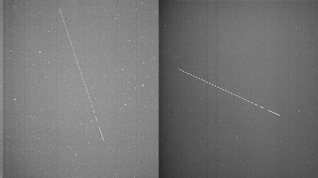궤적을 따라 이동하는 누리호의 성능검증위성(왼편)과 더미위성(오른편)을 한국천문연구원의 전자 광학 망원경이 촬영한 사진